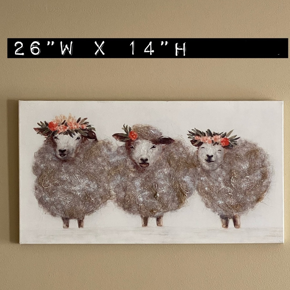 3 Sheep with Flower Crowns Textured Canvas Wall Art 26”w 14”h 1”d